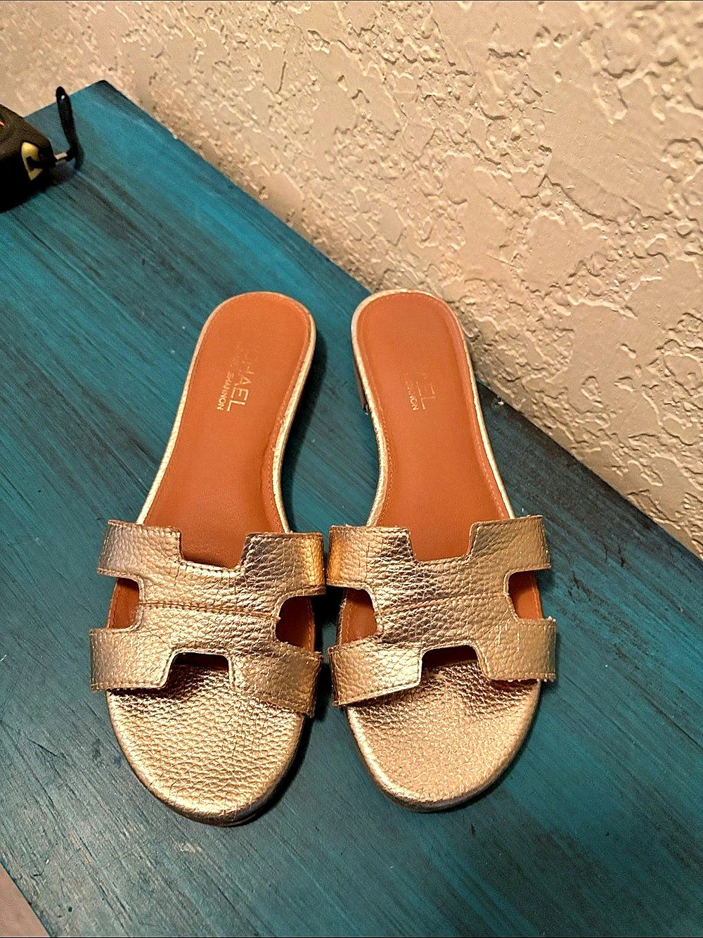 Michael Kors Gold H-Strap Slide Sandals